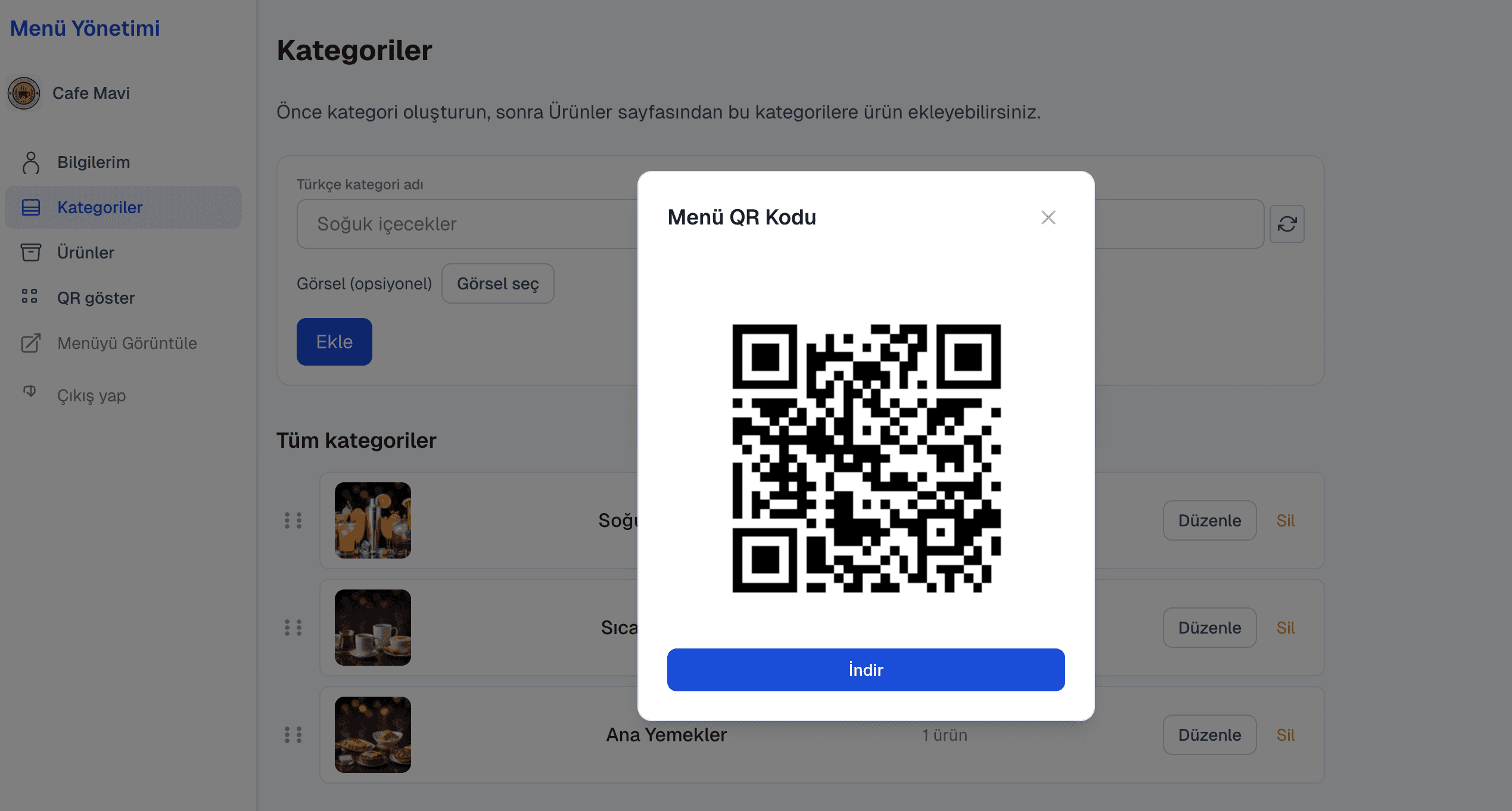 neroqr yönetim paneli, satış ve menü performans ekranı